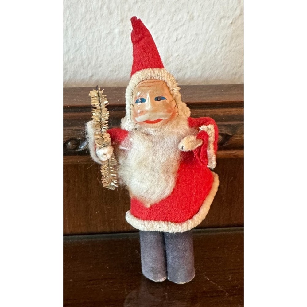 Vintage Christmas 4" Santa Holding Tiny Bottle Brush Tree Decoration NO STAND